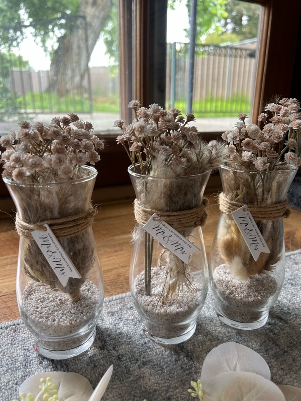 Neutral Dried Flower Vases with Twine Accent. 10 wedding center pieces.